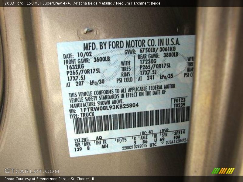 Arizona Beige Metallic / Medium Parchment Beige 2003 Ford F150 XLT SuperCrew 4x4