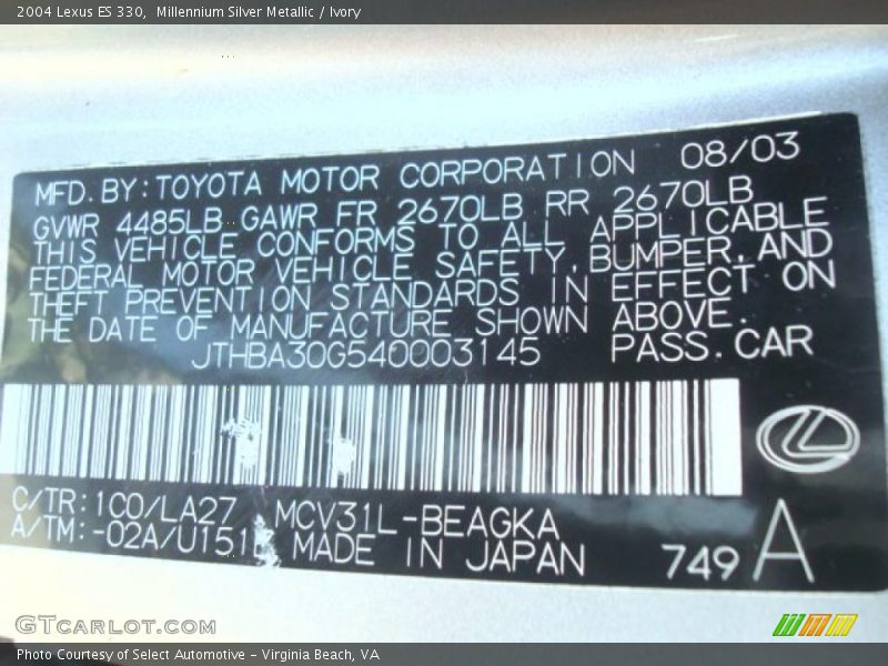 Millennium Silver Metallic / Ivory 2004 Lexus ES 330