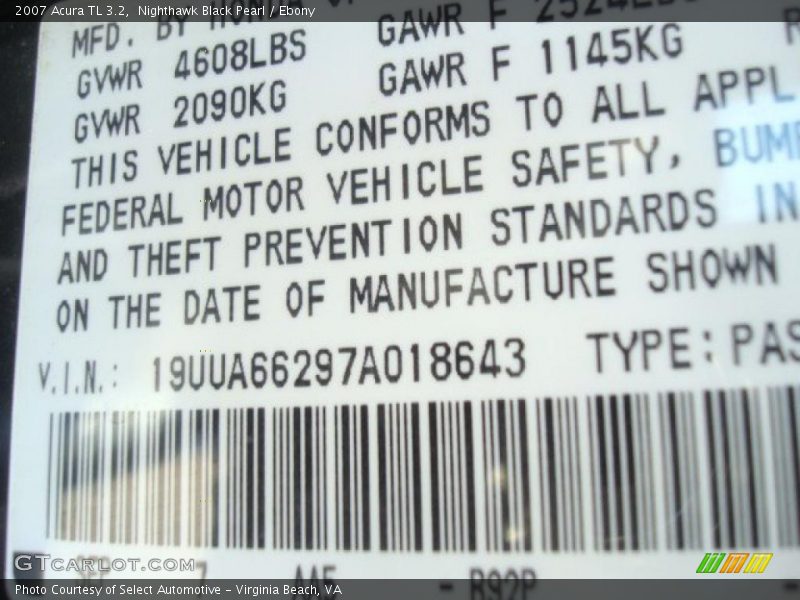 Nighthawk Black Pearl / Ebony 2007 Acura TL 3.2