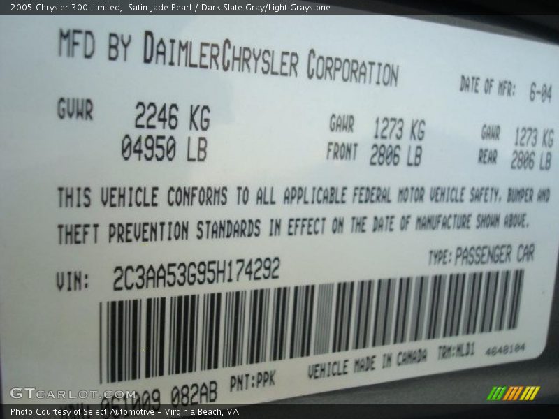 Satin Jade Pearl / Dark Slate Gray/Light Graystone 2005 Chrysler 300 Limited