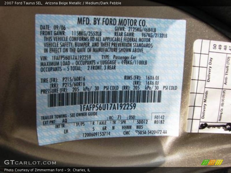 Arizona Beige Metallic / Medium/Dark Pebble 2007 Ford Taurus SEL