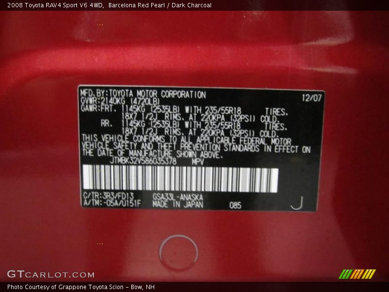 2008 RAV4 Sport V6 4WD Barcelona Red Pearl Color Code 3R3