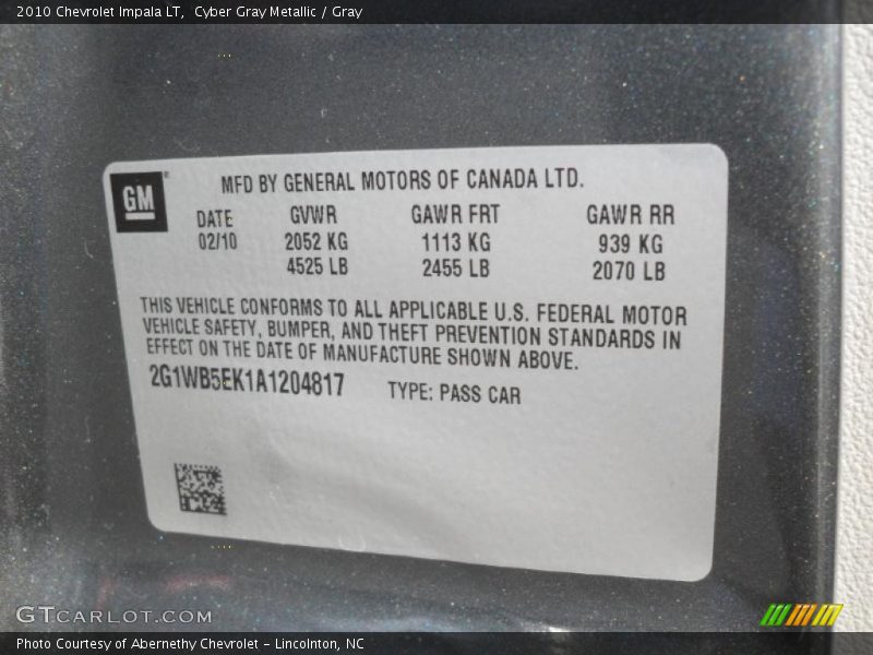 Cyber Gray Metallic / Gray 2010 Chevrolet Impala LT