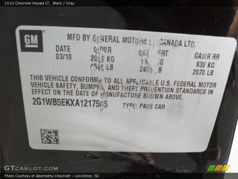 Black / Gray 2010 Chevrolet Impala LT