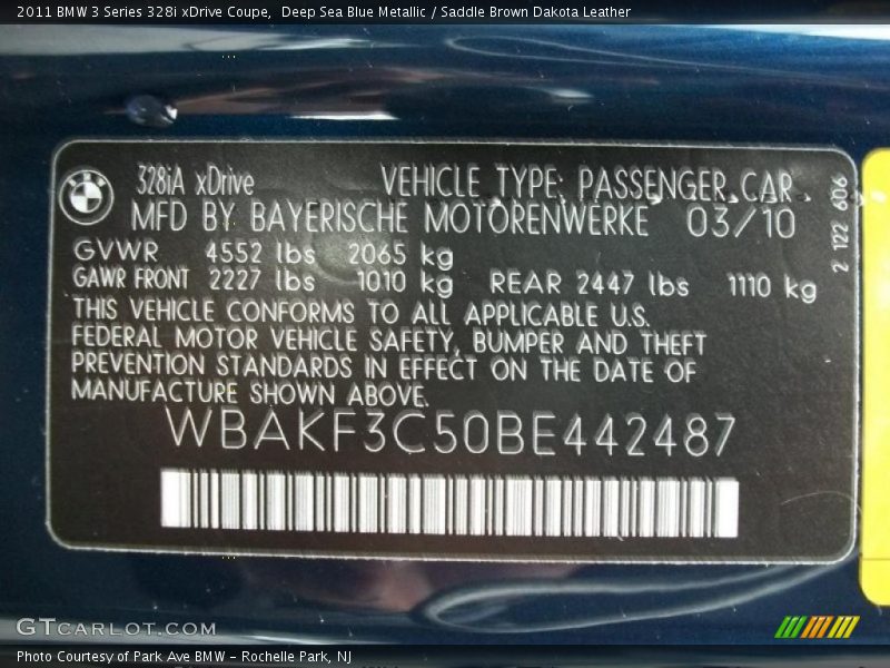 Info Tag of 2011 3 Series 328i xDrive Coupe