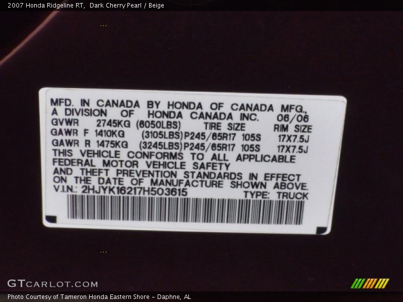 Info Tag of 2007 Ridgeline RT