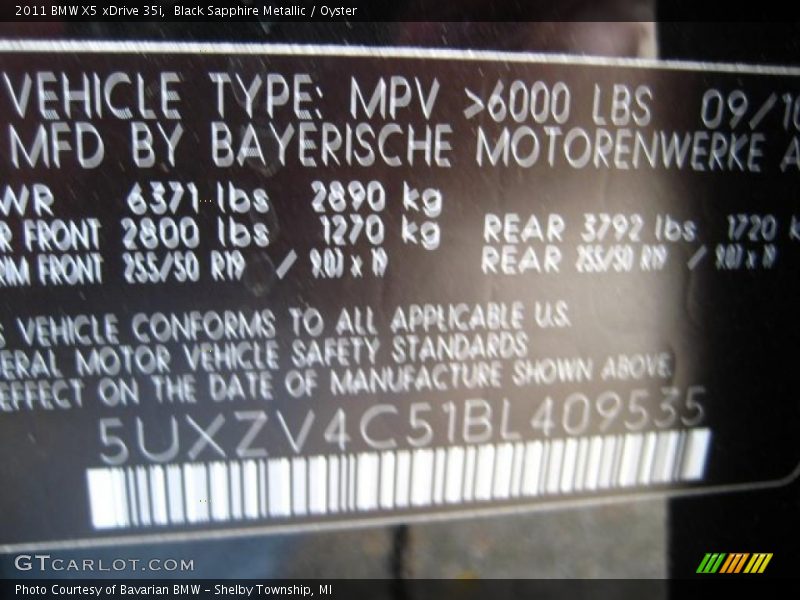 Info Tag of 2011 X5 xDrive 35i