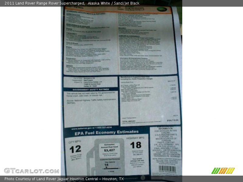  2011 Range Rover Supercharged Window Sticker