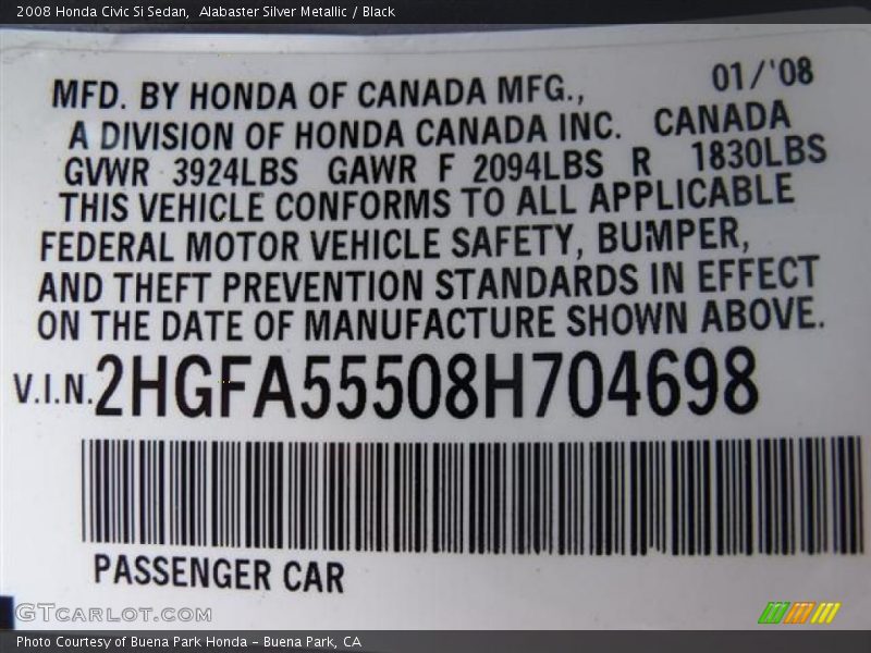 Alabaster Silver Metallic / Black 2008 Honda Civic Si Sedan
