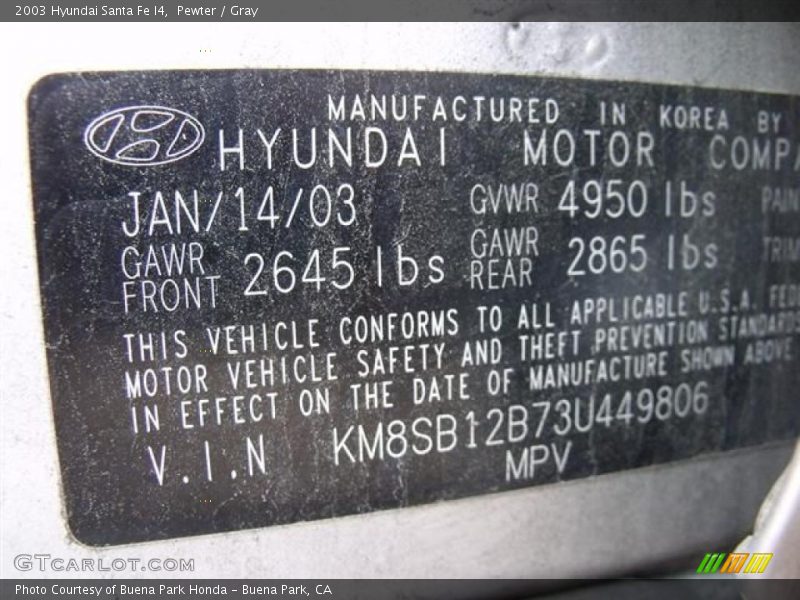 Pewter / Gray 2003 Hyundai Santa Fe I4