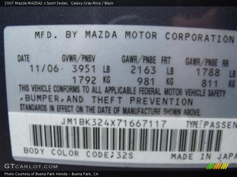 2007 MAZDA3 s Sport Sedan Galaxy Gray Mica Color Code 32S