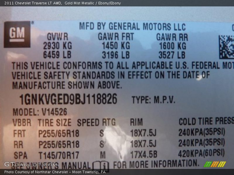 Gold Mist Metallic / Ebony/Ebony 2011 Chevrolet Traverse LT AWD