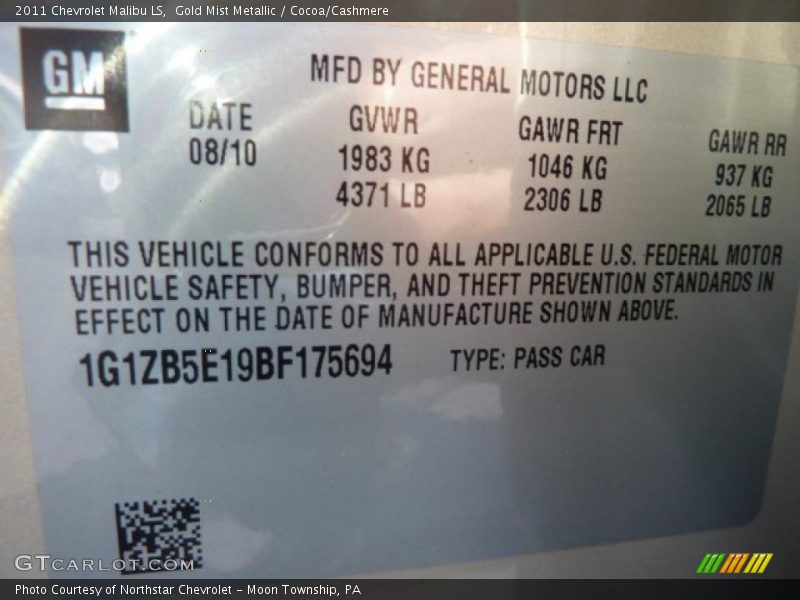 Gold Mist Metallic / Cocoa/Cashmere 2011 Chevrolet Malibu LS