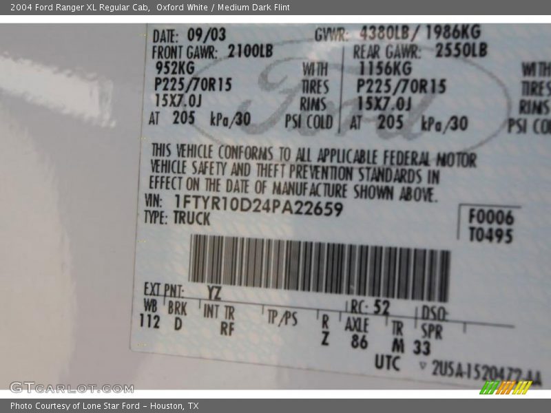 2004 Ranger XL Regular Cab Oxford White Color Code YZ