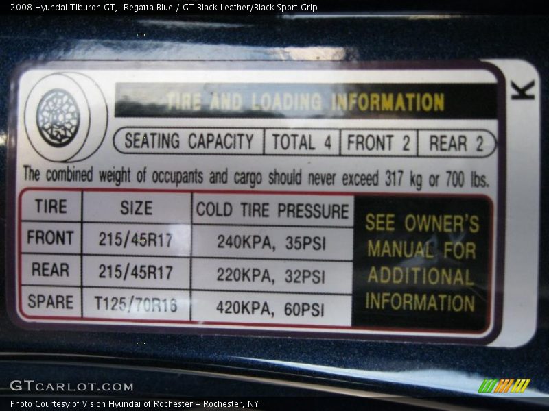 Info Tag of 2008 Tiburon GT