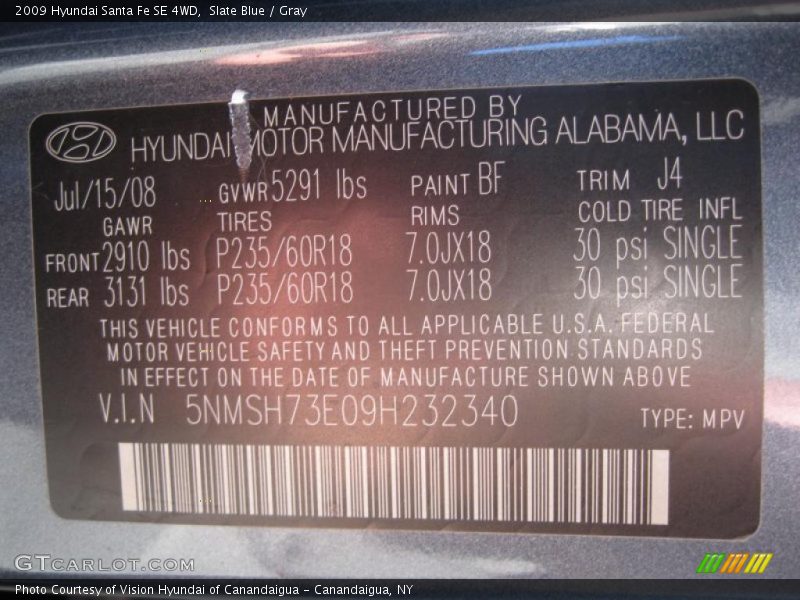 2009 Santa Fe SE 4WD Slate Blue Color Code BF