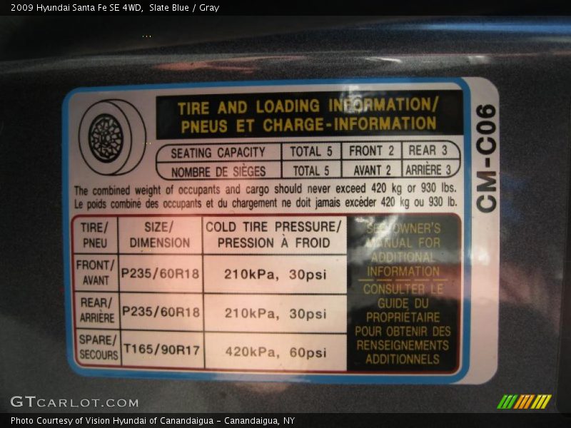 Info Tag of 2009 Santa Fe SE 4WD