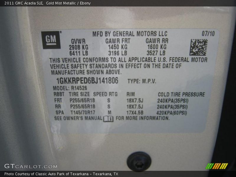 Info Tag of 2011 Acadia SLE