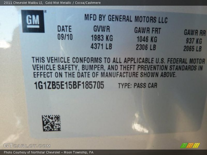 Gold Mist Metallic / Cocoa/Cashmere 2011 Chevrolet Malibu LS