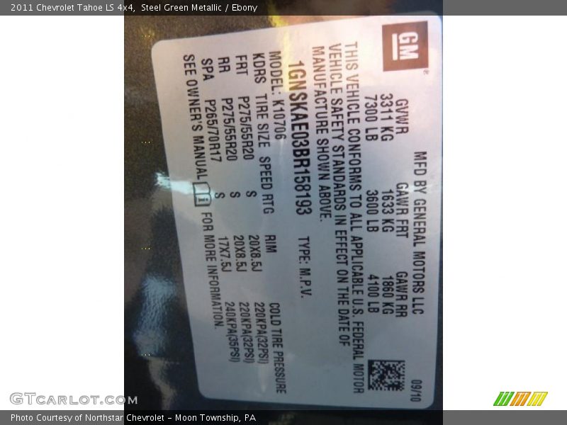Info Tag of 2011 Tahoe LS 4x4