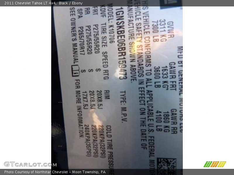 Info Tag of 2011 Tahoe LT 4x4