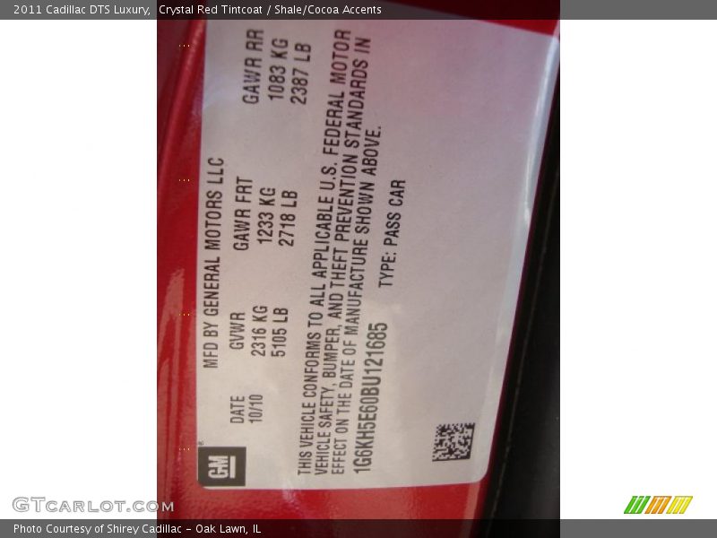 Info Tag of 2011 DTS Luxury