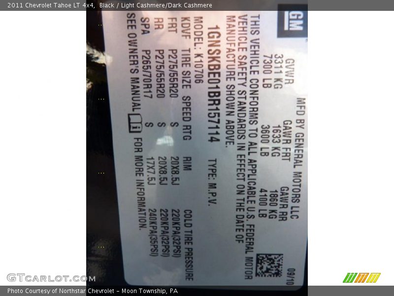 Info Tag of 2011 Tahoe LT 4x4