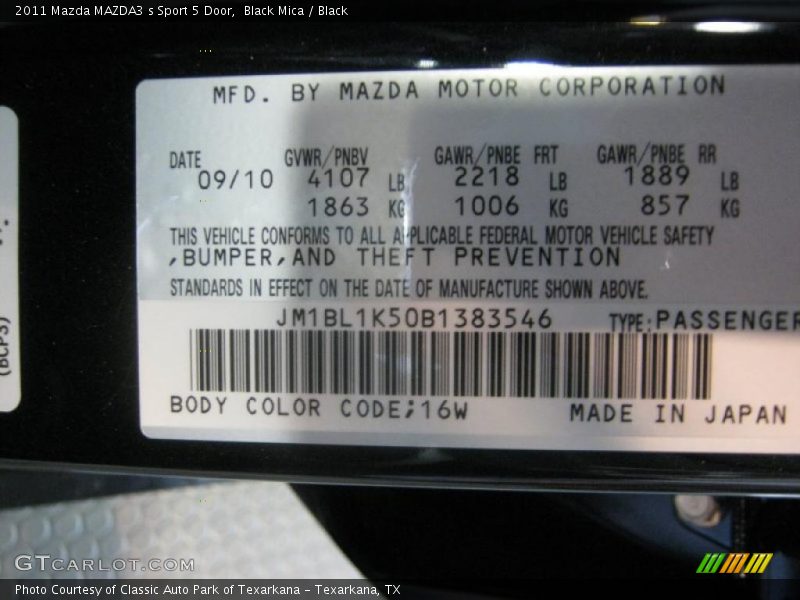 2011 MAZDA3 s Sport 5 Door Black Mica Color Code 16W