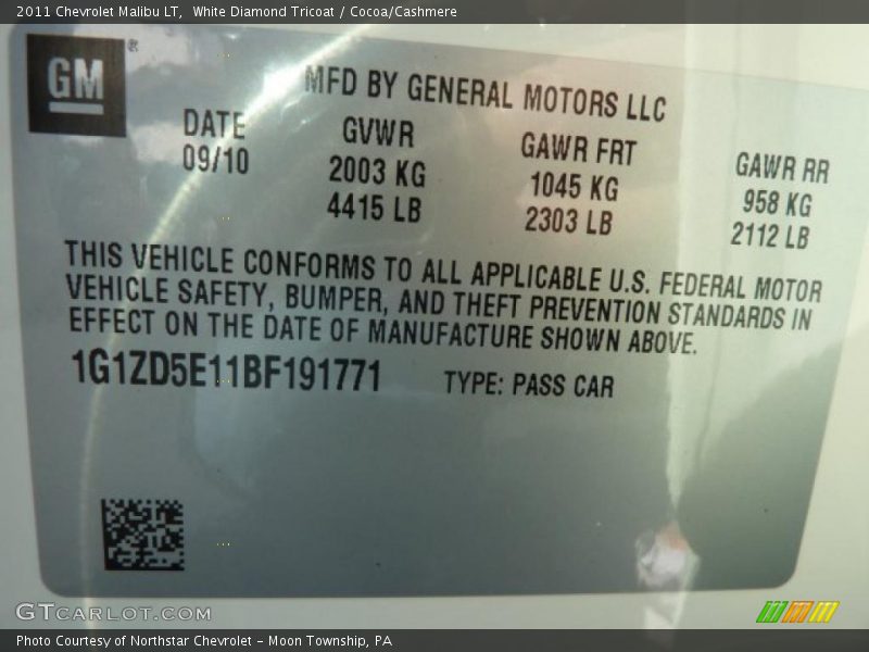 Info Tag of 2011 Malibu LT