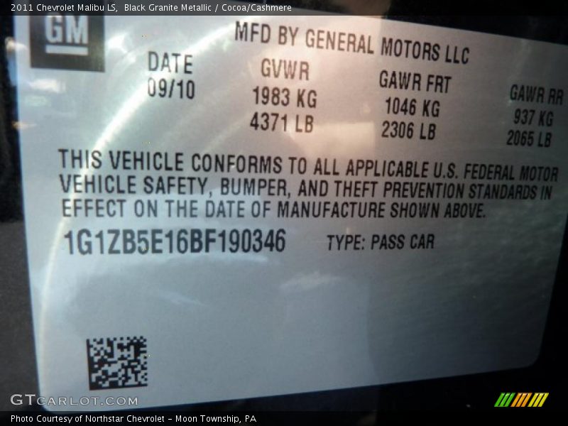 Black Granite Metallic / Cocoa/Cashmere 2011 Chevrolet Malibu LS