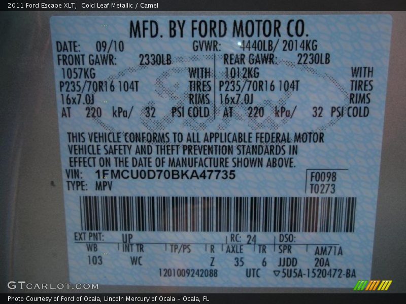 2011 Escape XLT Gold Leaf Metallic Color Code UP