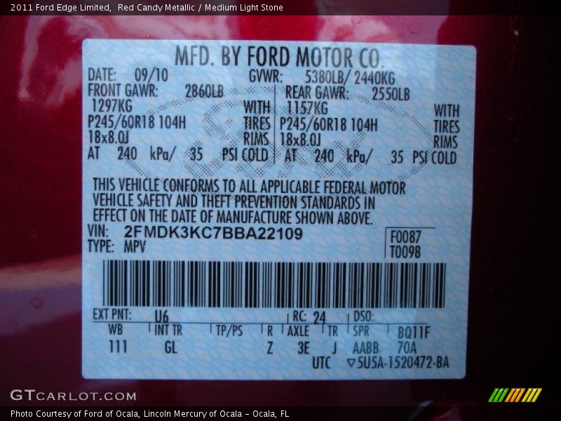 2011 Edge Limited Red Candy Metallic Color Code U6