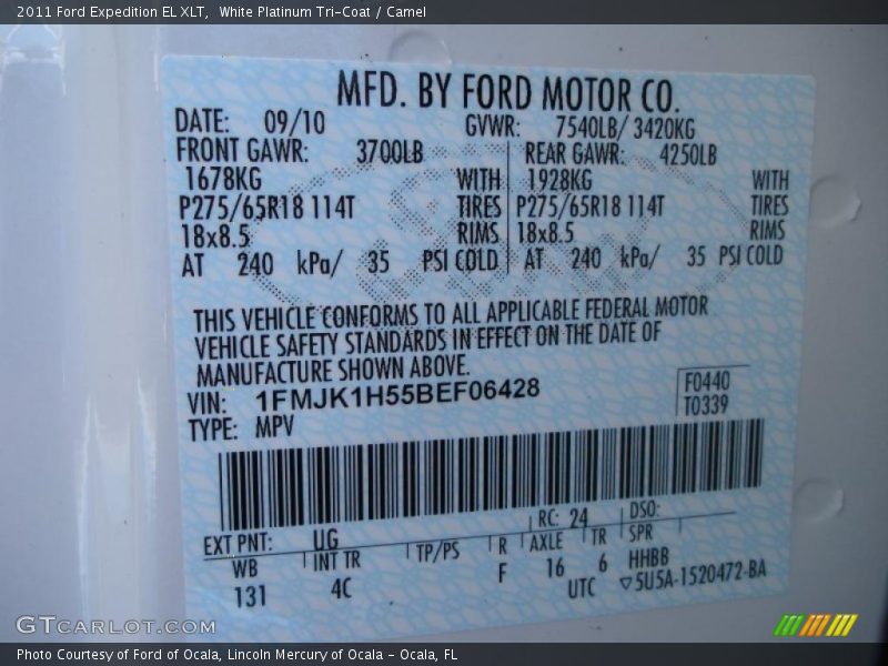 2011 Expedition EL XLT White Platinum Tri-Coat Color Code UG