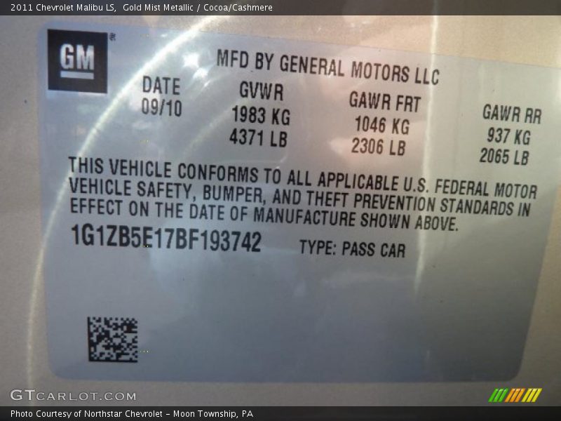 Gold Mist Metallic / Cocoa/Cashmere 2011 Chevrolet Malibu LS