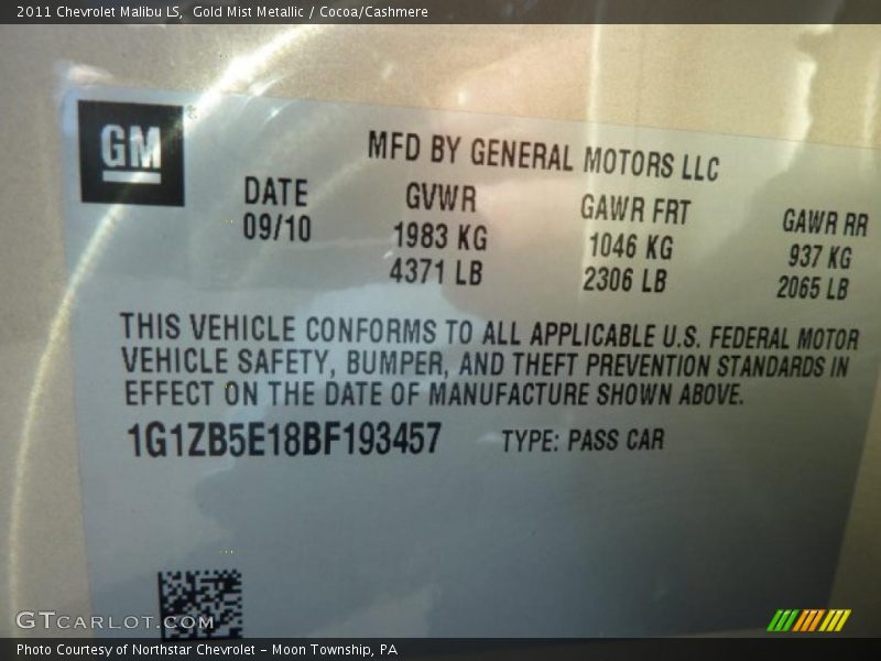 Gold Mist Metallic / Cocoa/Cashmere 2011 Chevrolet Malibu LS