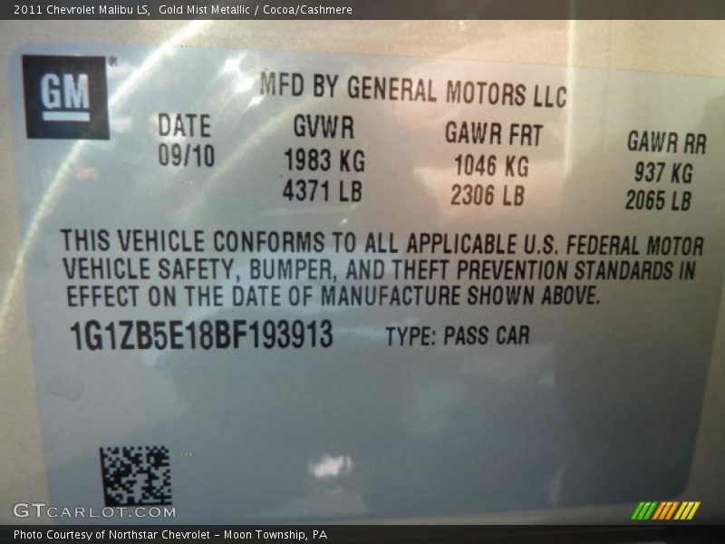 Gold Mist Metallic / Cocoa/Cashmere 2011 Chevrolet Malibu LS