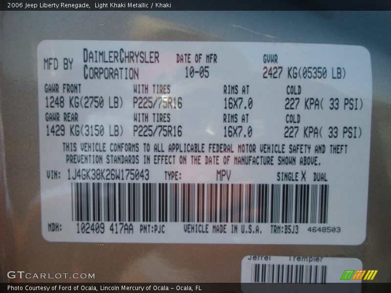 2006 Liberty Renegade Light Khaki Metallic Color Code PJC