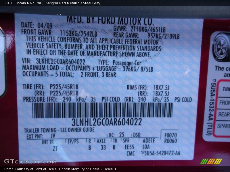 Sangria Red Metallic / Steel Gray 2010 Lincoln MKZ FWD