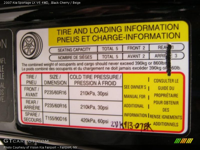 Info Tag of 2007 Sportage LX V6 4WD