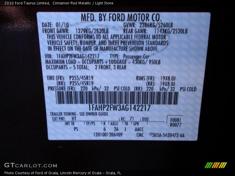 Cinnamon Red Metallic / Light Stone 2010 Ford Taurus Limited