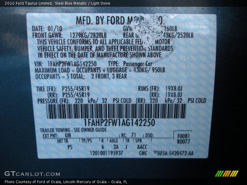 Steel Blue Metallic / Light Stone 2010 Ford Taurus Limited