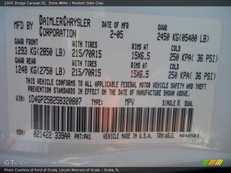2005 Caravan SE Stone White Color Code PW1