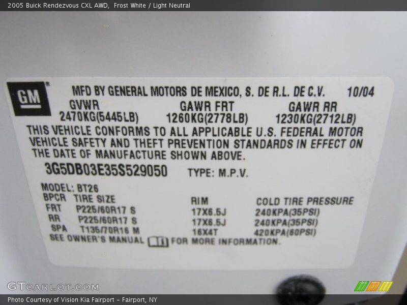 Info Tag of 2005 Rendezvous CXL AWD