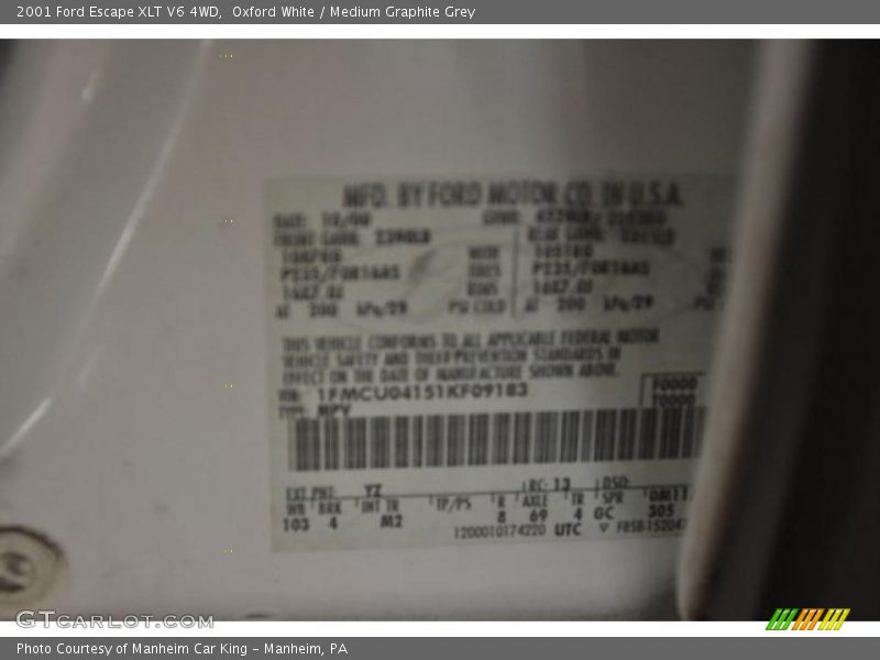 2001 Escape XLT V6 4WD Oxford White Color Code YZ