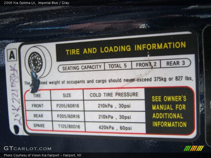 Info Tag of 2006 Optima LX