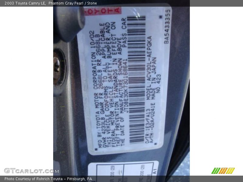 2003 Camry LE Phantom Gray Pearl Color Code 1E3