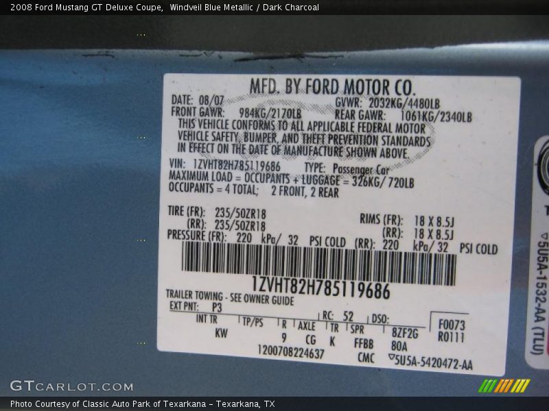 2008 Mustang GT Deluxe Coupe Windveil Blue Metallic Color Code P3