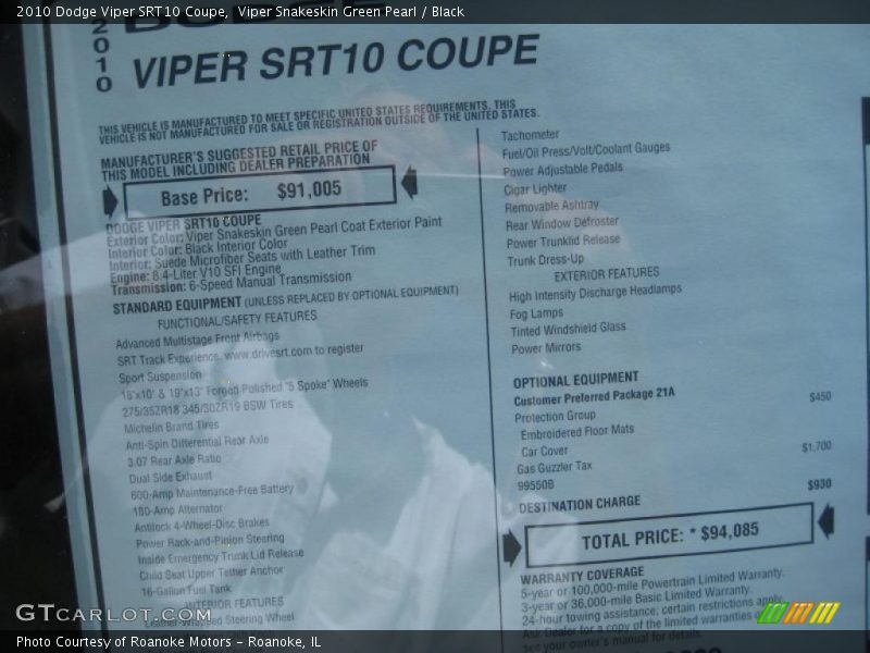  2010 Viper SRT10 Coupe Window Sticker