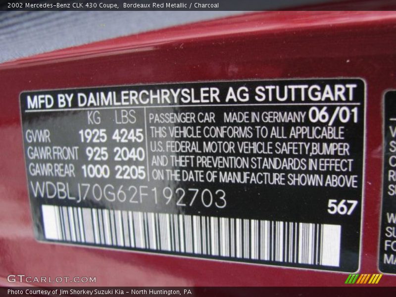 2002 CLK 430 Coupe Bordeaux Red Metallic Color Code 567