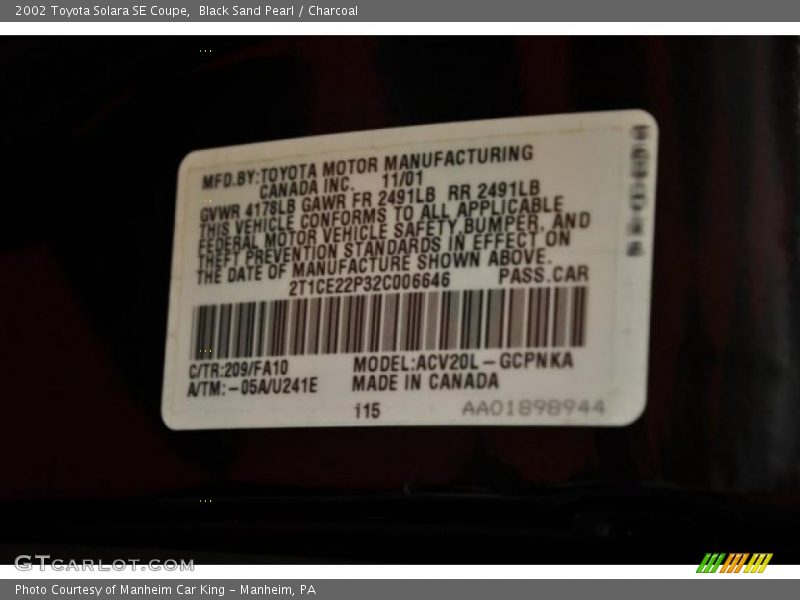 2002 Solara SE Coupe Black Sand Pearl Color Code 209